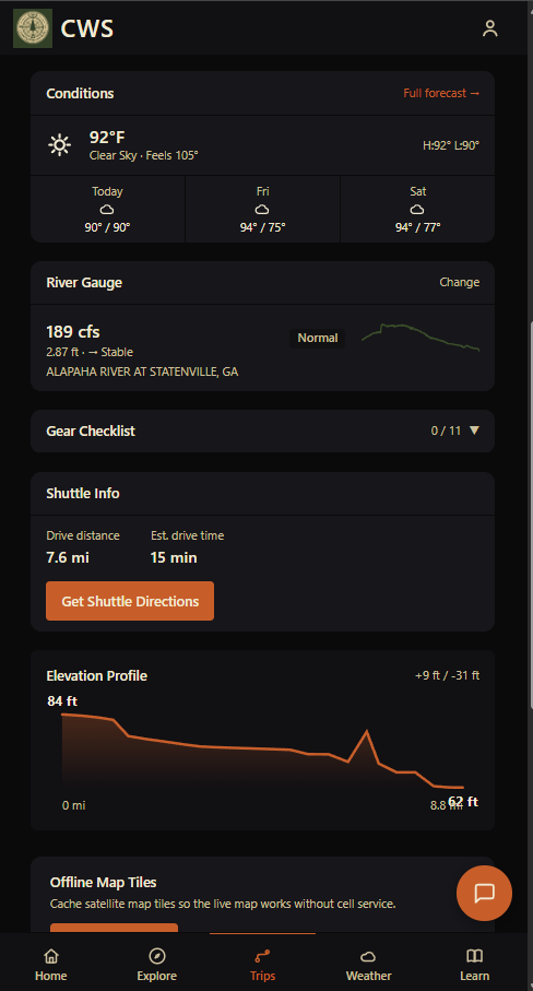 CWS app trip plan showing river gauge, gear checklist, shuttle info, and elevation profile