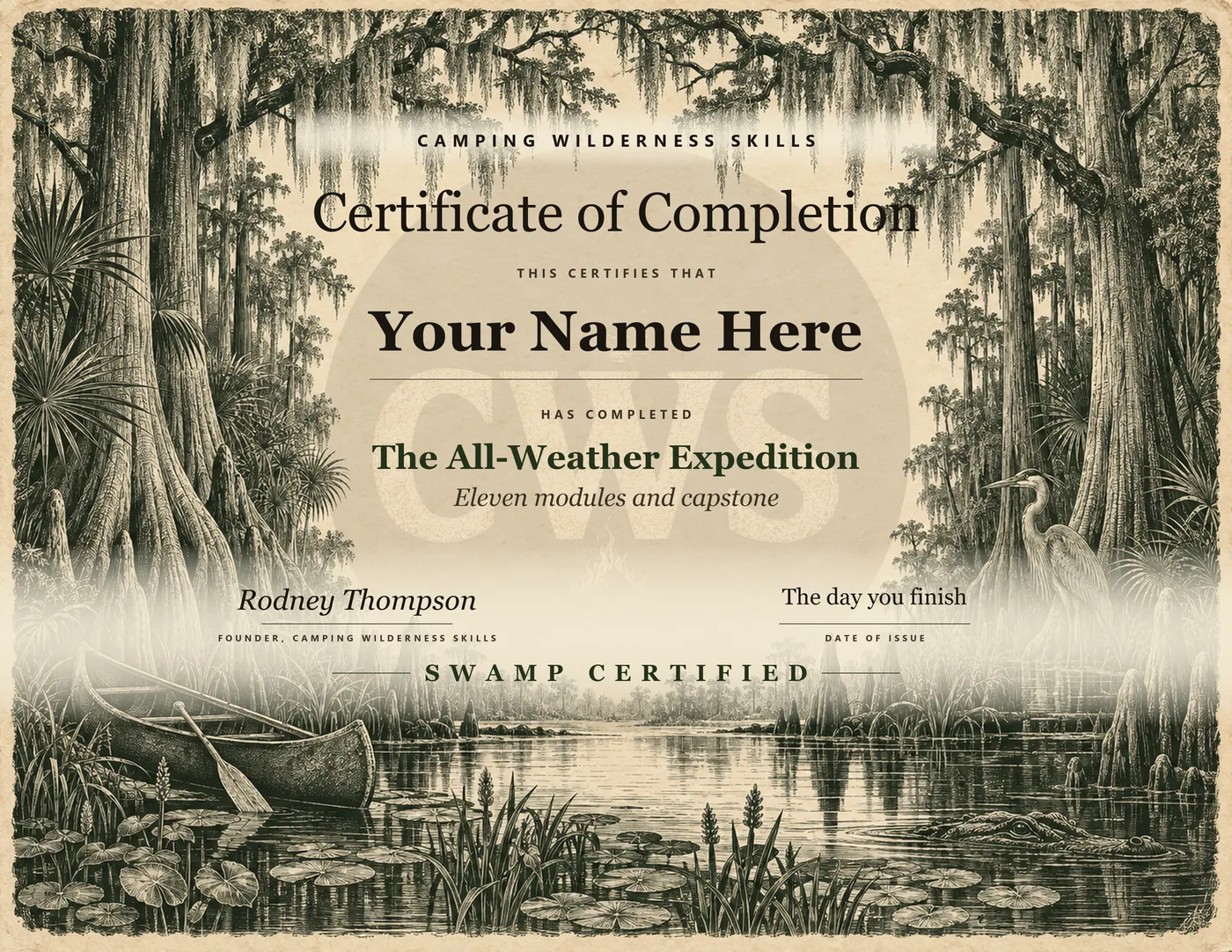 Certificate of completion for The All-Weather Expedition on an engraved swamp plate, the name line reading Your Name Here, SWAMP CERTIFIED at the foot