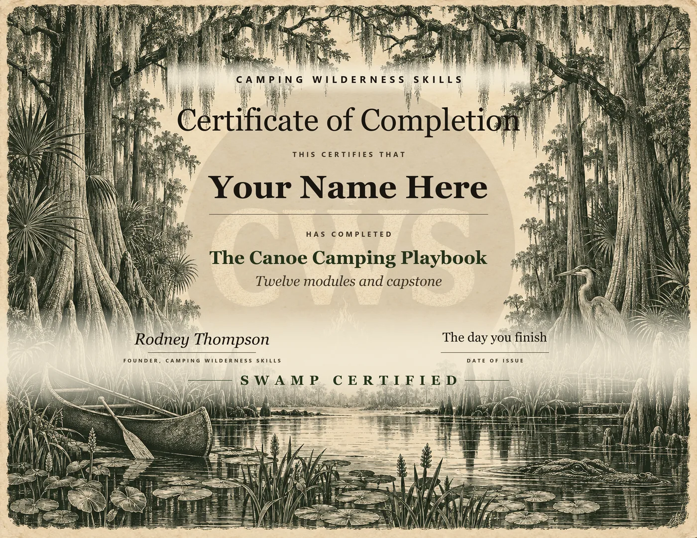 Certificate of completion for The Canoe Camping Playbook on an engraved swamp plate, the name line reading Your Name Here, SWAMP CERTIFIED at the foot