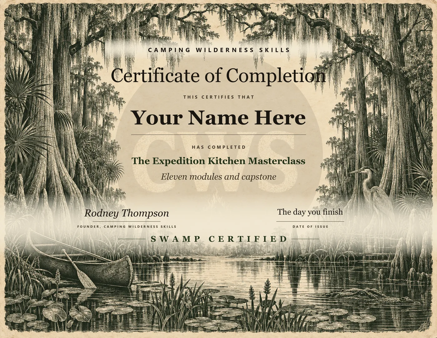Certificate of completion for The Expedition Kitchen Masterclass on an engraved swamp plate, the name line reading Your Name Here, SWAMP CERTIFIED at the foot