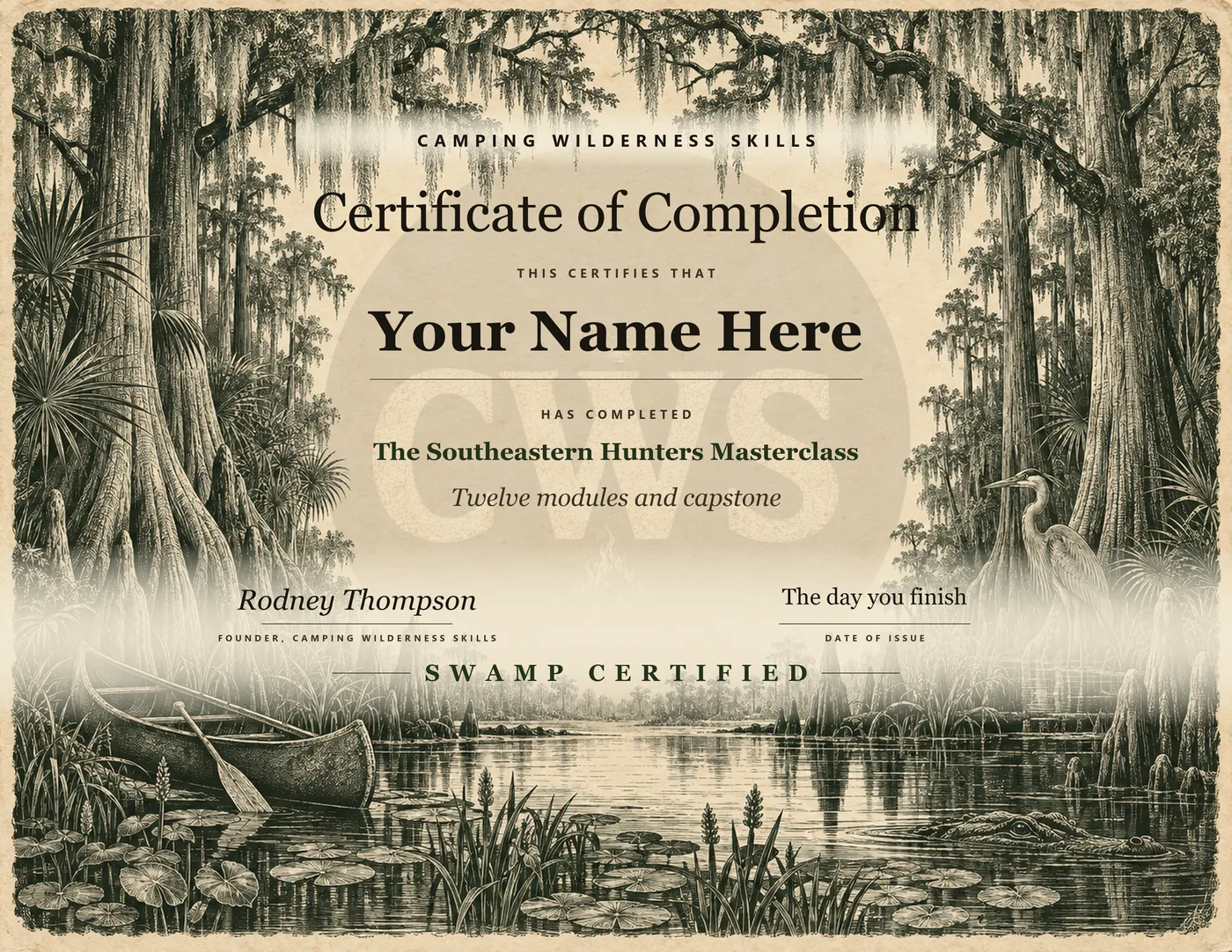 Certificate of completion for The Southeastern Hunters Masterclass on an engraved swamp plate, the name line reading Your Name Here, SWAMP CERTIFIED at the foot