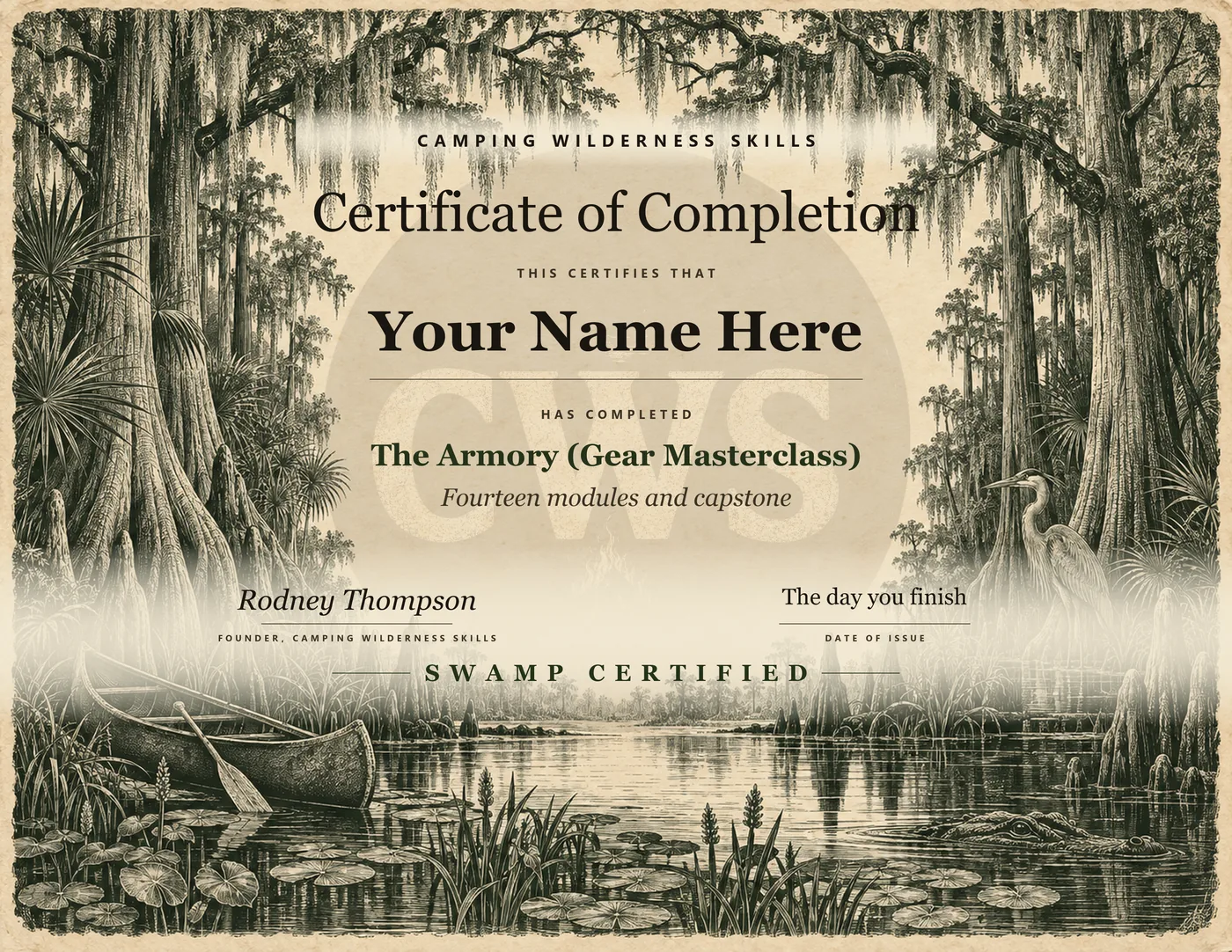 Certificate of completion for The Armory (Gear Masterclass) on an engraved swamp plate, the name line reading Your Name Here, SWAMP CERTIFIED at the foot