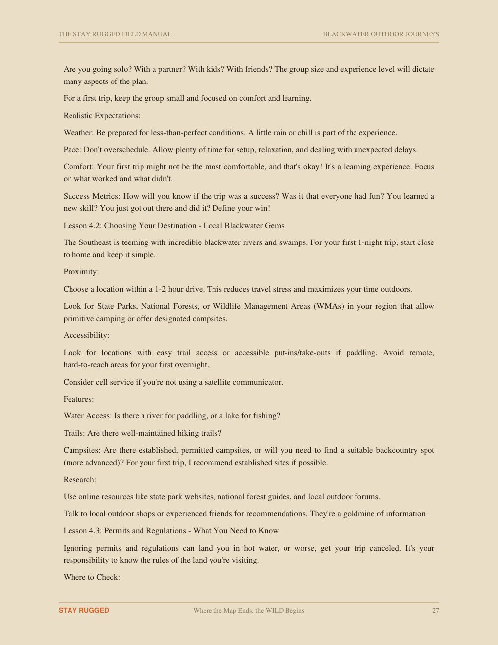 Following Field Manual page covering destinations, access and permits