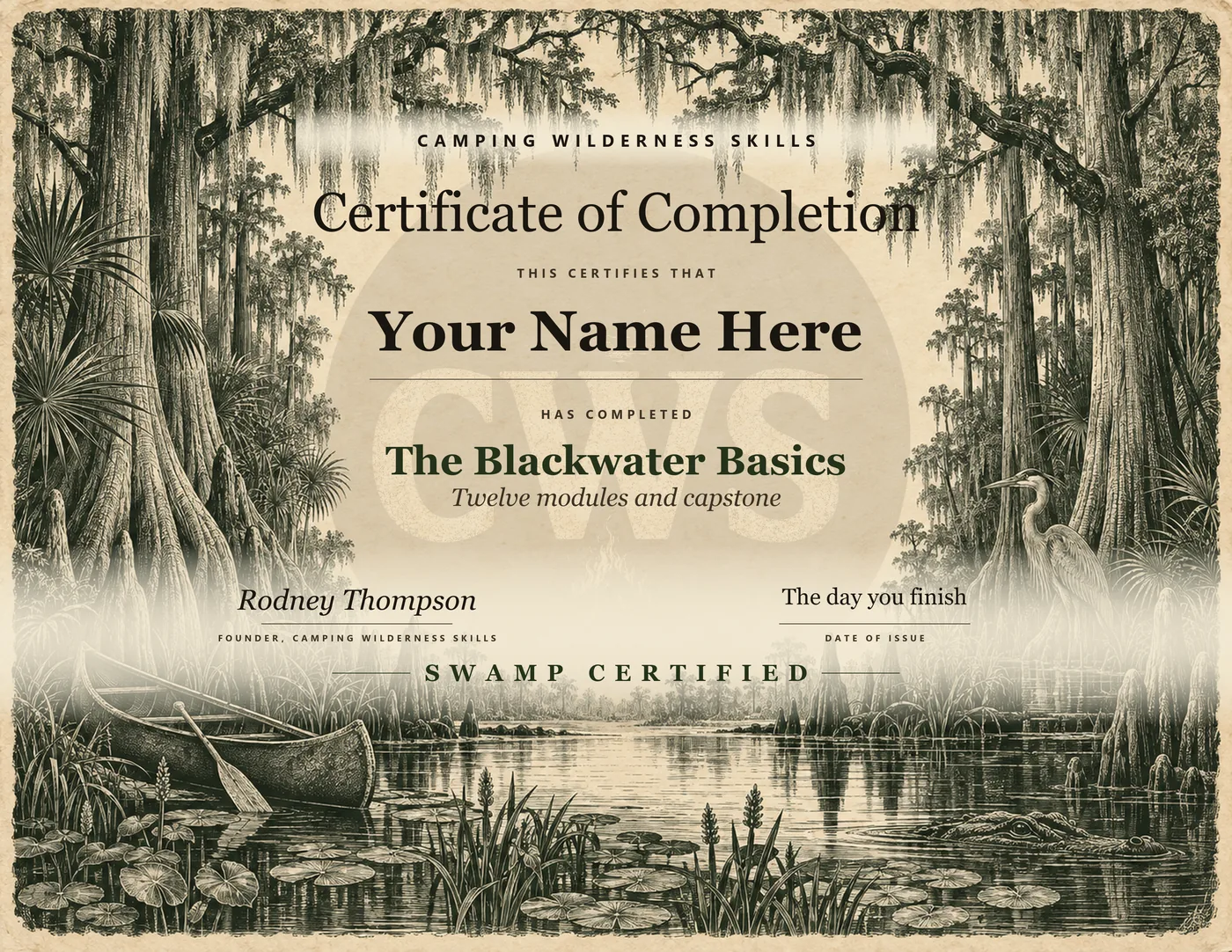 Camping Wilderness Skills certificate of completion for The Blackwater Basics on an engraved swamp plate, with the name line reading Your Name Here and SWAMP CERTIFIED at the foot