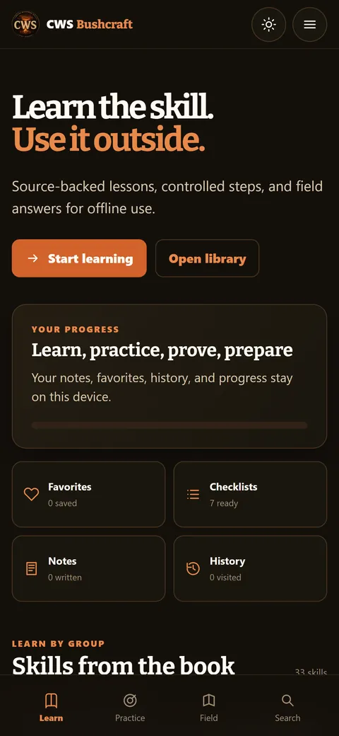 CWS Bushcraft app showing skills grouped by job