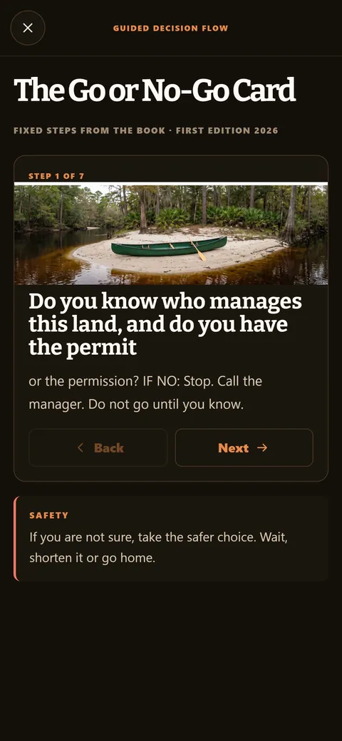 CWS Bushcraft app screen: Decision flows, such as the Go or No-Go card
