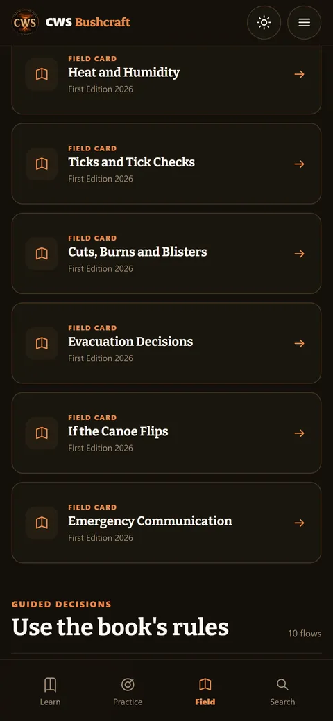 CWS Bushcraft app screen: Field tab: fast answers with big controls