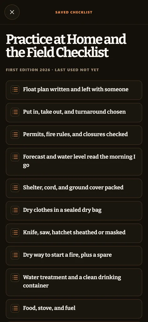 CWS Bushcraft app screen: Checklists you tick off and reset for each trip
