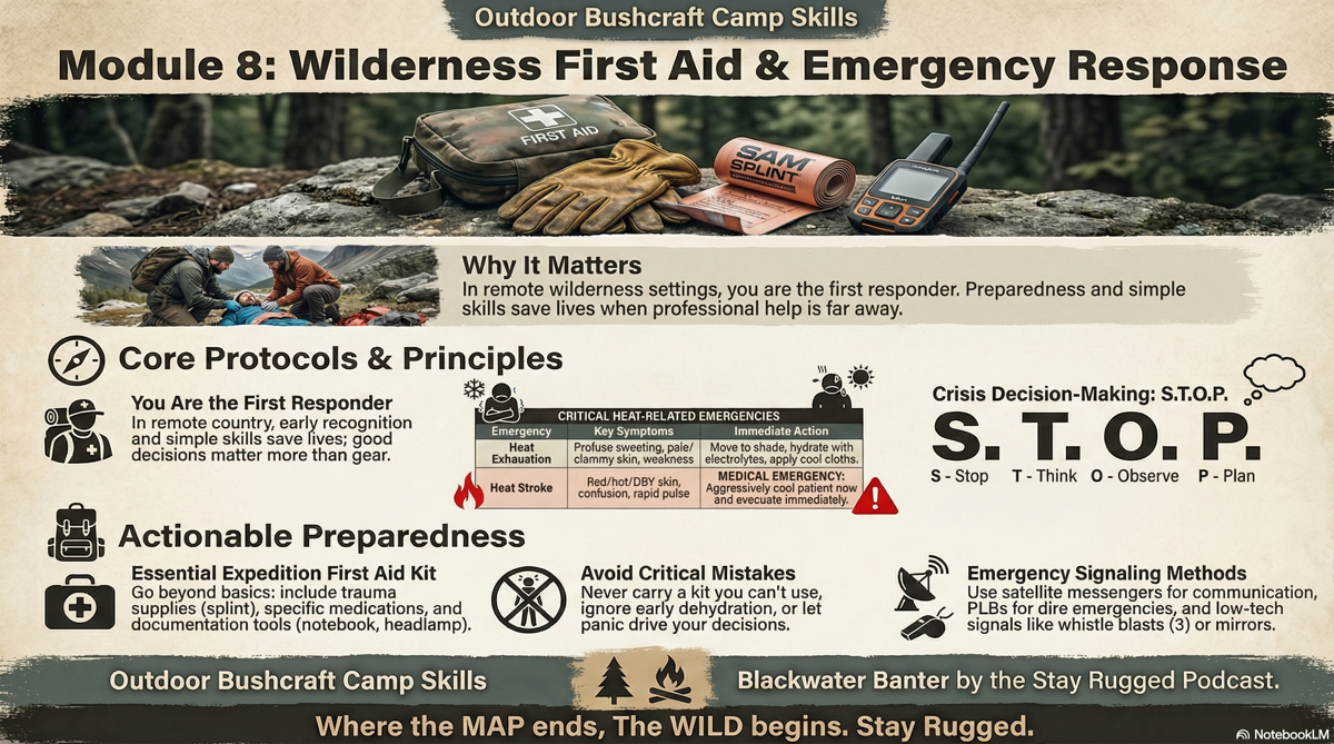 Wilderness first aid and emergency response field guide: you are the first responder, the STOP method, first aid kit, and emergency signaling.