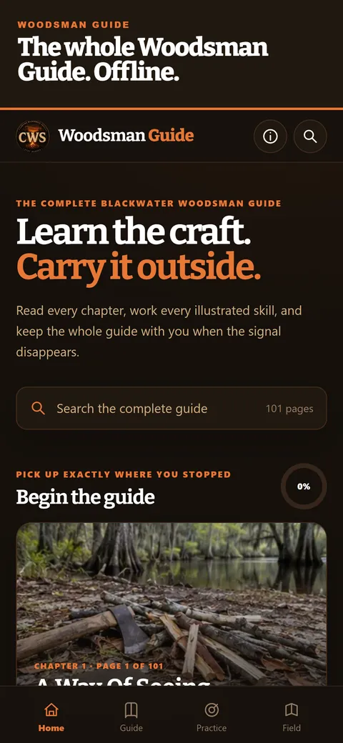 Blackwater Woodsman Guide app showing the complete illustrated guide