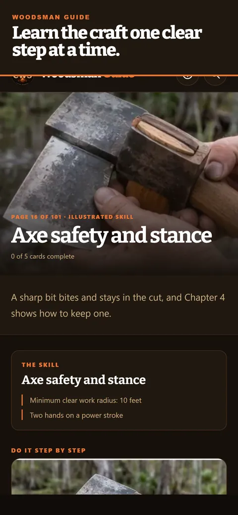 Blackwater Woodsman Guide app screen: Numbered steps with measurements and a pass-or-fail standard