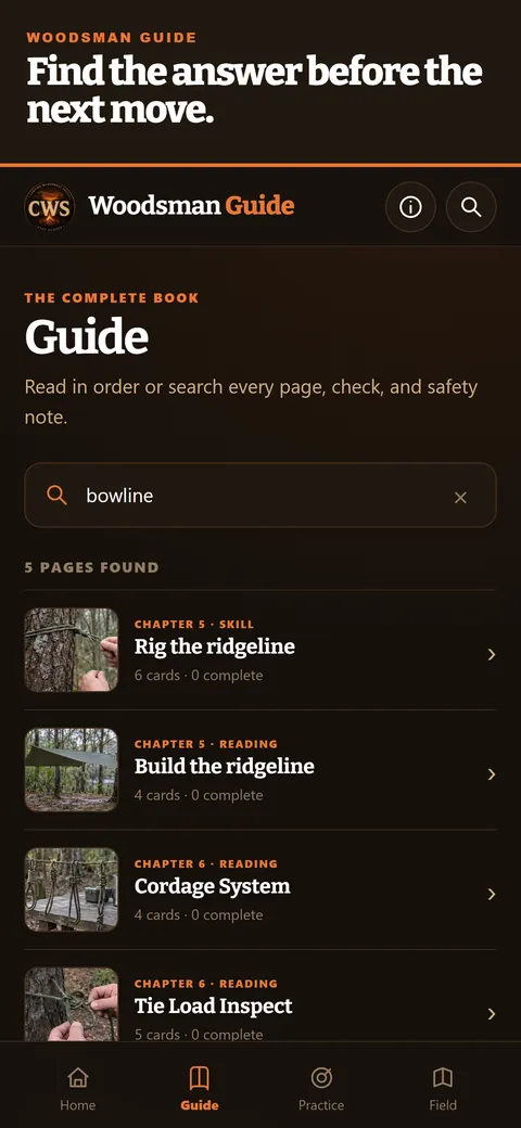Blackwater Woodsman Guide app screen: Search every page, even with no signal