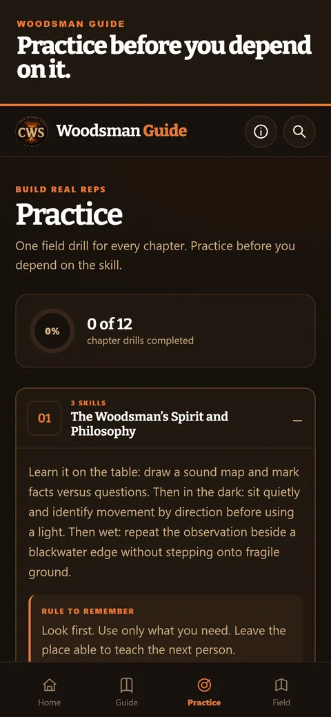 Blackwater Woodsman Guide app screen: Practice drills you check off as you work