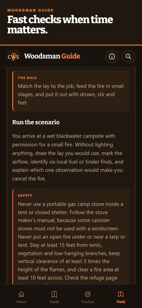 Blackwater Woodsman Guide app screen: Field checks that keep the rule and the safety stop close
