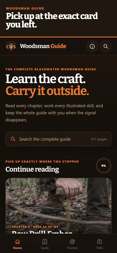 Blackwater Woodsman Guide app screen: Resume on the exact page and card where you stopped
