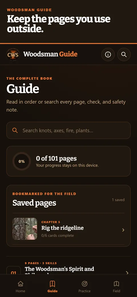 Blackwater Woodsman Guide app screen: Saved pages for the skills you need again