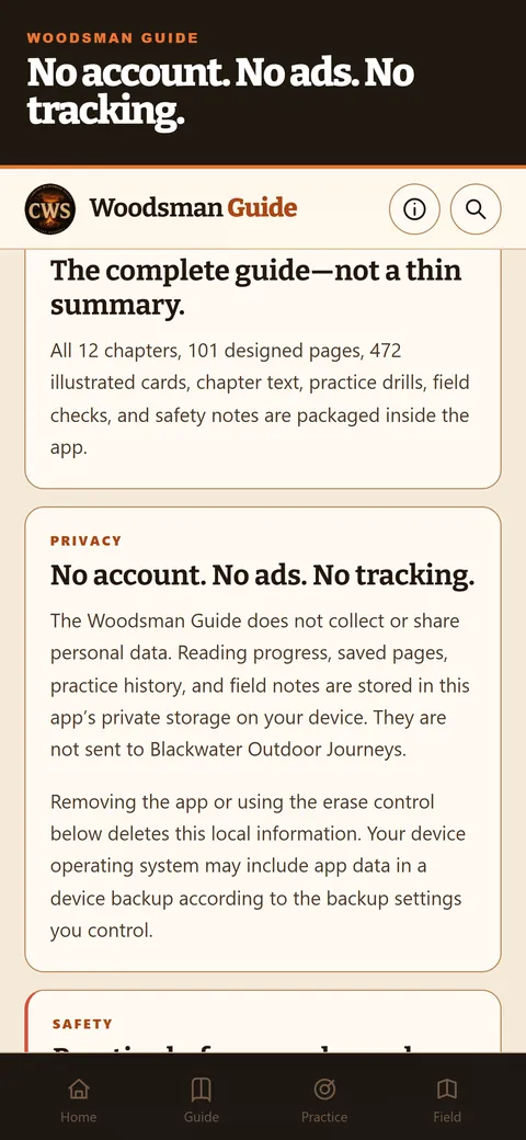 Blackwater Woodsman Guide app screen: Private by design: nothing leaves your device